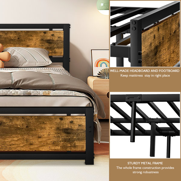 17 Stories Bed Frame with Headboard and Footboard, Strong Black Metal